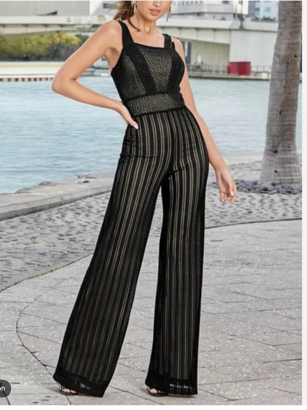 Black Wide-Leg crocheted Jumpsuit with Strappy Square Neck